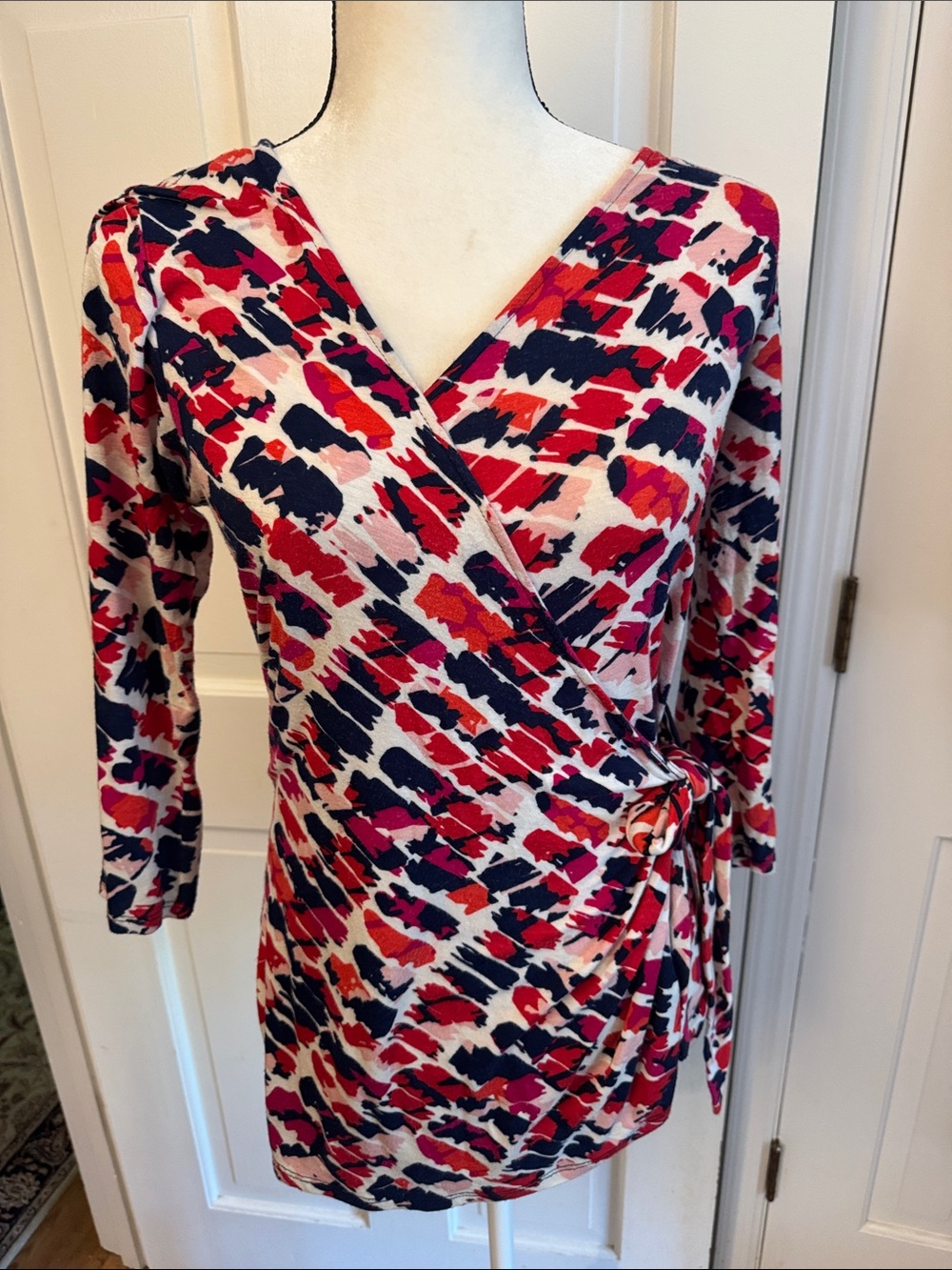 Loveappella Pink, Red & Navy Wrap-Style Long Sleeve Dress